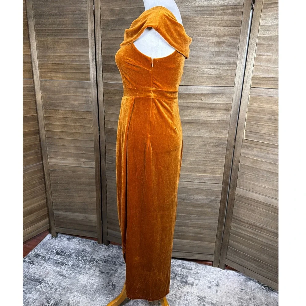 Lulus Rust Orange Velvet Off The Shoulder Maxi Dress Small Pleated Tulip Gown - Picture 4 of 10